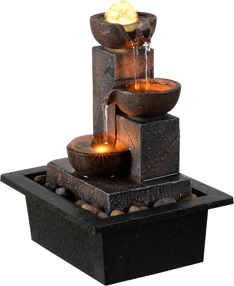 Tolevoit Three Bowls with Rotating Ball Flowing Tabletop Fountain Home Décor Indoor/Outdoor Decor Waterfall Sound Zen Mini Fountain Warm Led Light Pebbles Stone(23114) - Image 4